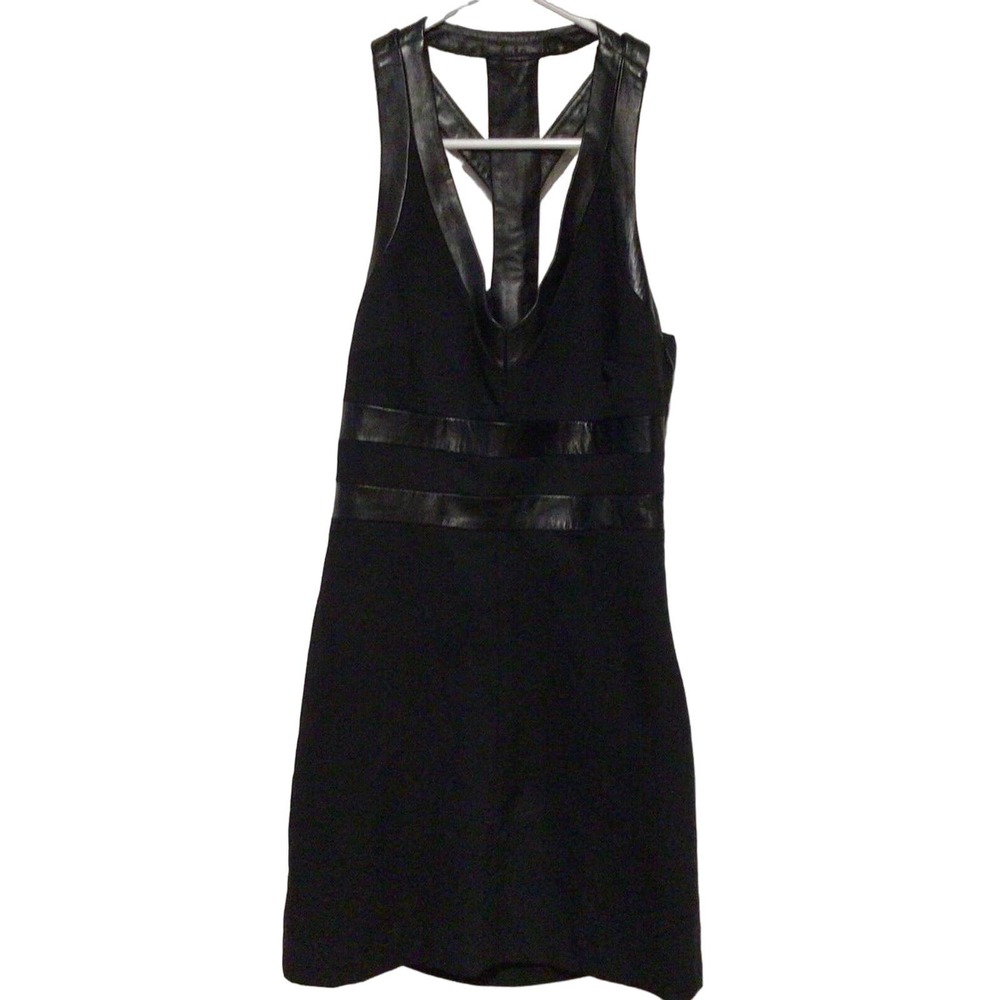Bebe ~ Short Black Sleeveless Halter Dress with Leather Accents ~ Size 8